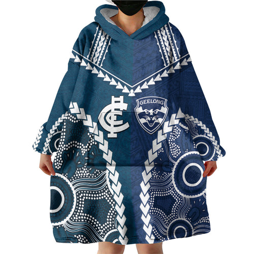 Custom Football Cats and Blues Wearable Blanket Hoodie 2026 Together Aboriginal Polynesian Pattern