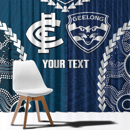 Custom Football Cats and Blues Window Curtain 2026 Together Aboriginal Polynesian Pattern