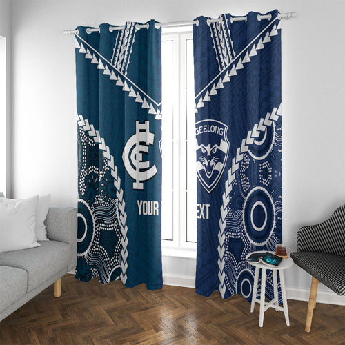 Custom Football Cats and Blues Window Curtain 2026 Together Aboriginal Polynesian Pattern