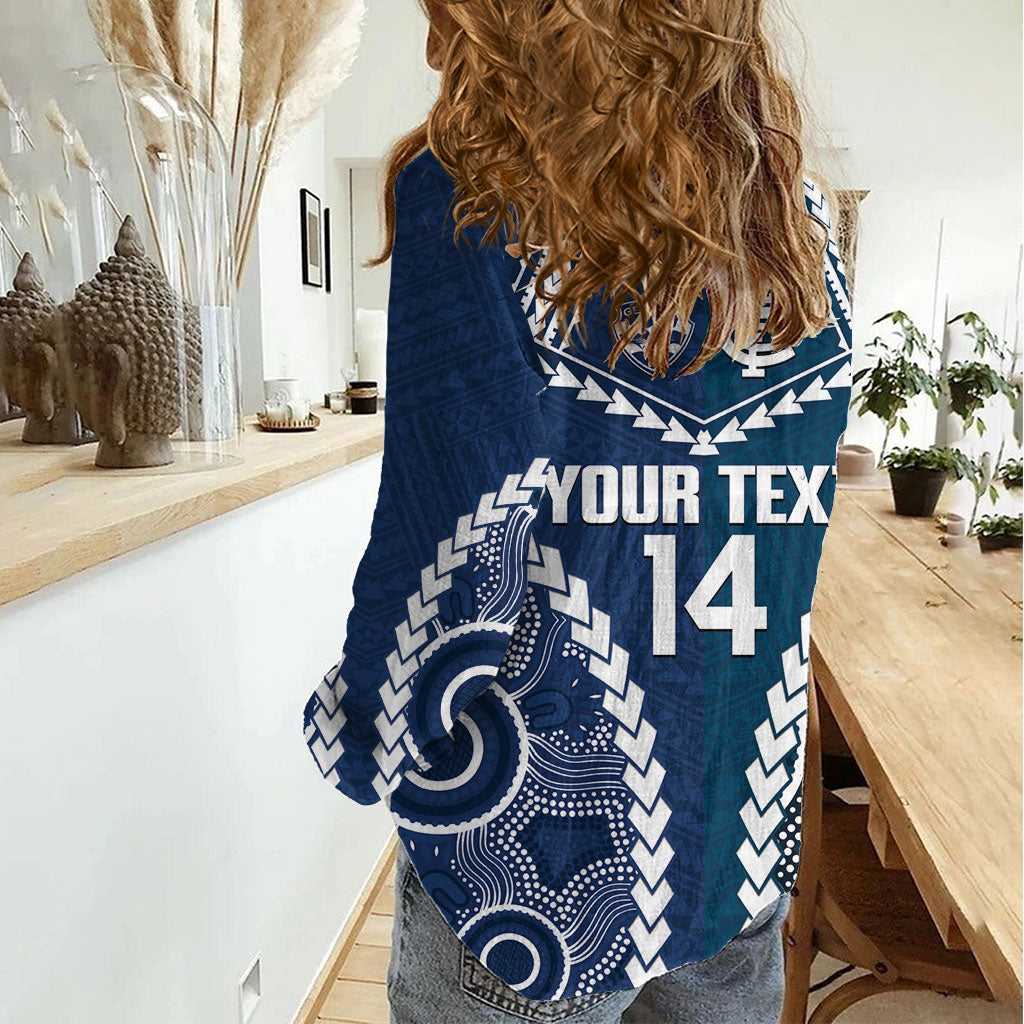 Custom Football Cats and Blues Women Casual Shirt 2026 Together Aboriginal Polynesian Pattern