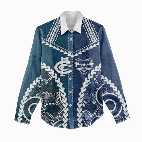 Custom Football Cats and Blues Women Casual Shirt 2026 Together Aboriginal Polynesian Pattern