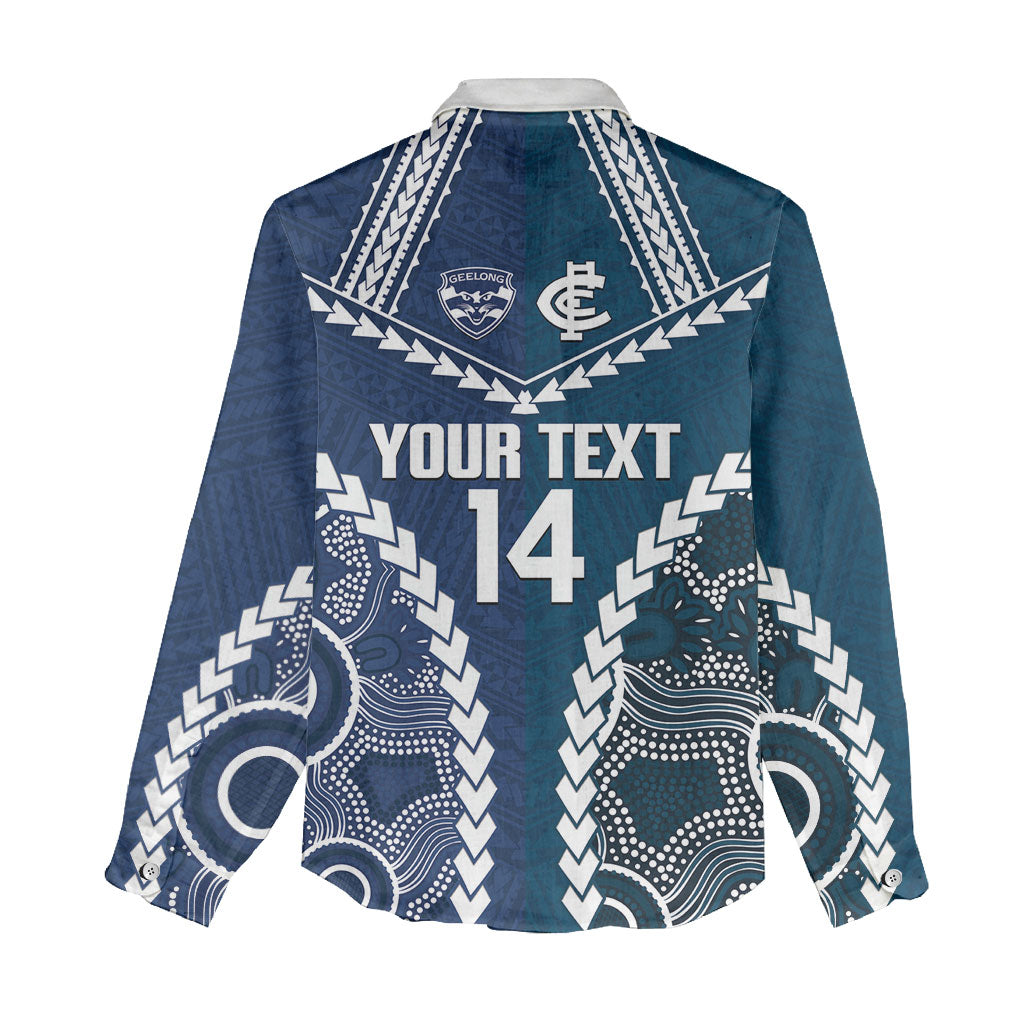 Custom Football Cats and Blues Women Casual Shirt 2026 Together Aboriginal Polynesian Pattern