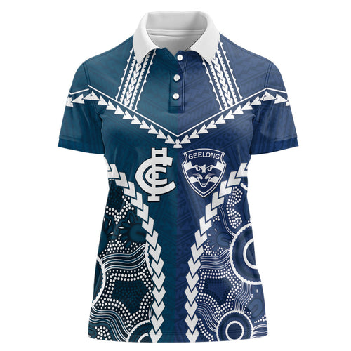Custom Football Cats and Blues Women Polo Shirt 2026 Together Aboriginal Polynesian Pattern