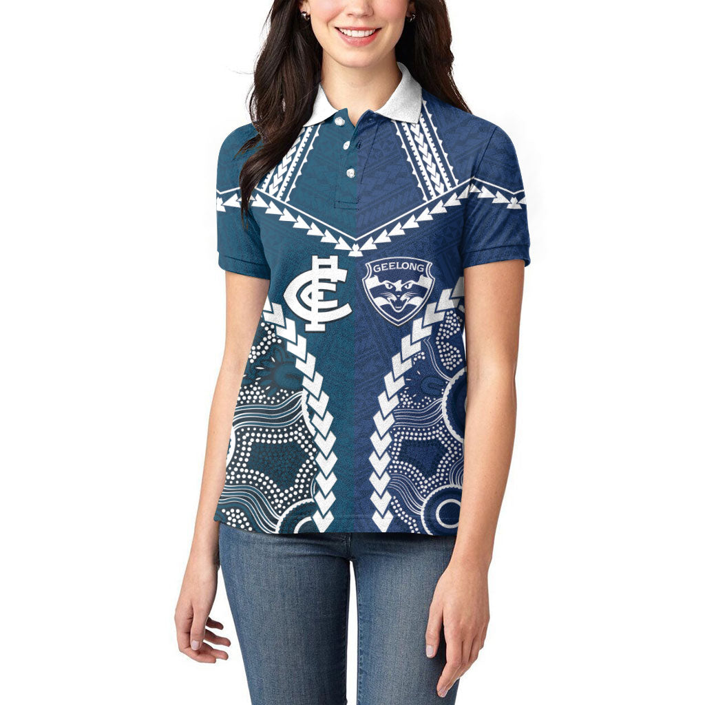 Custom Football Cats and Blues Women Polo Shirt 2026 Together Aboriginal Polynesian Pattern