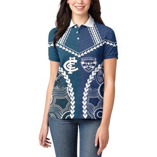 Custom Football Cats and Blues Women Polo Shirt 2026 Together Aboriginal Polynesian Pattern
