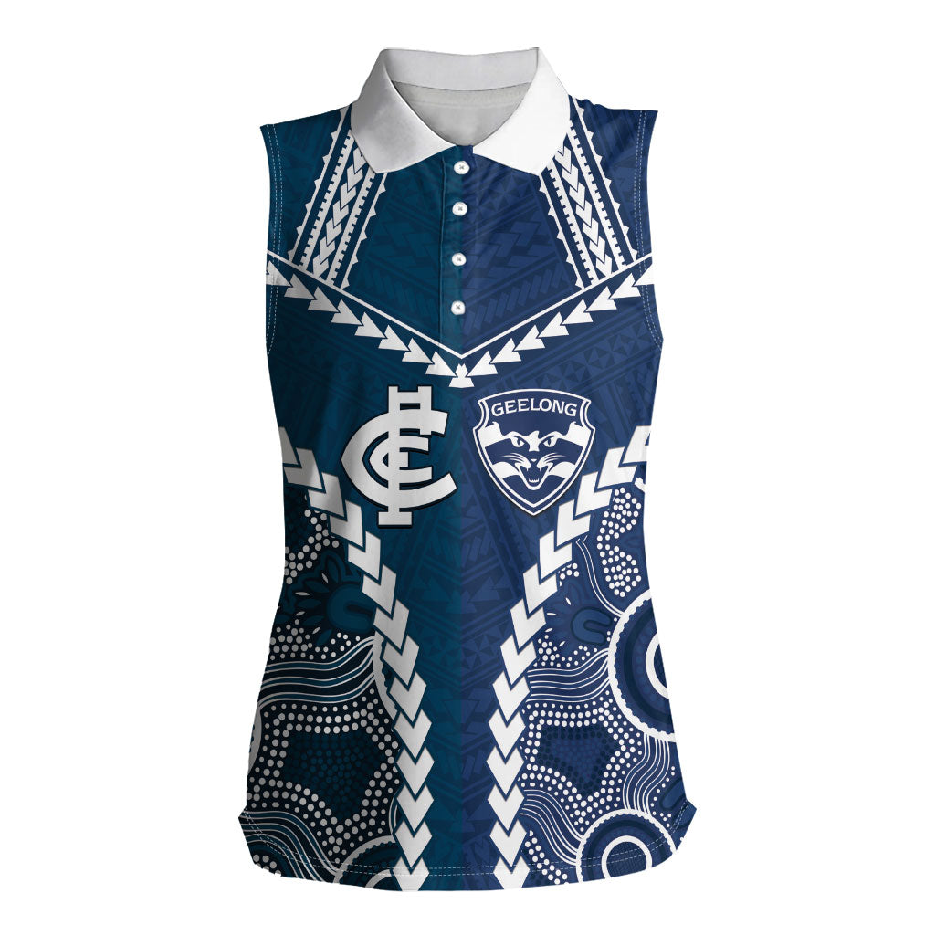 Custom Football Cats and Blues Women Sleeveless Polo Shirt 2026 Together Aboriginal Polynesian Pattern