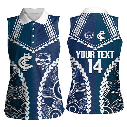 Custom Football Cats and Blues Women Sleeveless Polo Shirt 2026 Together Aboriginal Polynesian Pattern