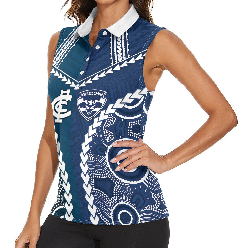 Custom Football Cats and Blues Women Sleeveless Polo Shirt 2026 Together Aboriginal Polynesian Pattern