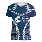 Custom Football Cats and Blues Women V-Neck T-Shirt 2026 Together Aboriginal Polynesian Pattern