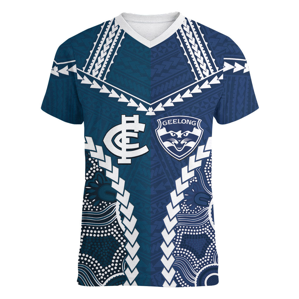 Custom Football Cats and Blues Women V-Neck T-Shirt 2026 Together Aboriginal Polynesian Pattern
