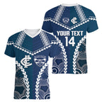 Custom Football Cats and Blues Women V-Neck T-Shirt 2026 Together Aboriginal Polynesian Pattern