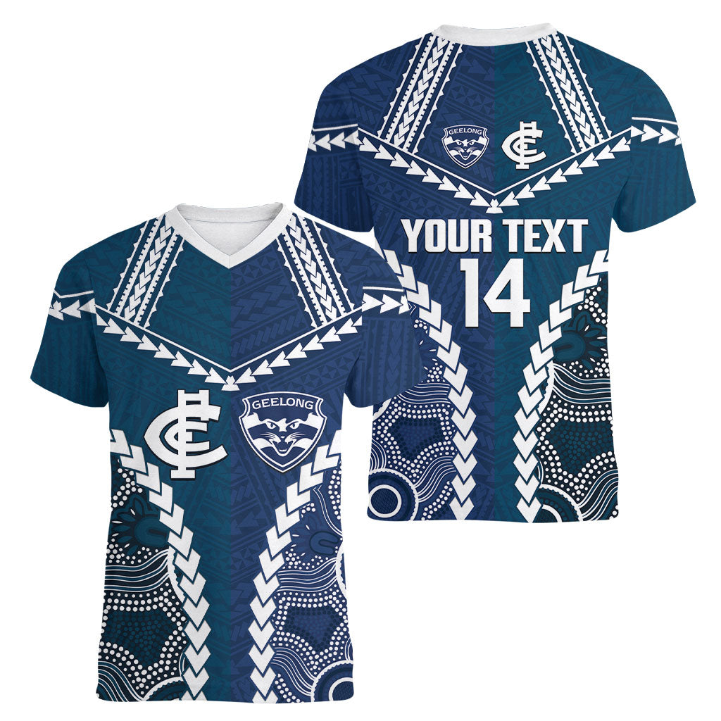 Custom Football Cats and Blues Women V-Neck T-Shirt 2026 Together Aboriginal Polynesian Pattern