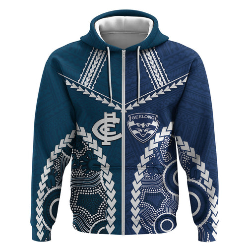 Custom Football Cats and Blues Zip Hoodie 2026 Together Aboriginal Polynesian Pattern