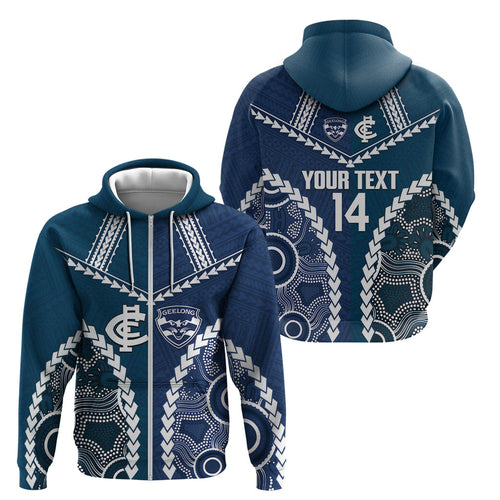Custom Football Cats and Blues Zip Hoodie 2026 Together Aboriginal Polynesian Pattern