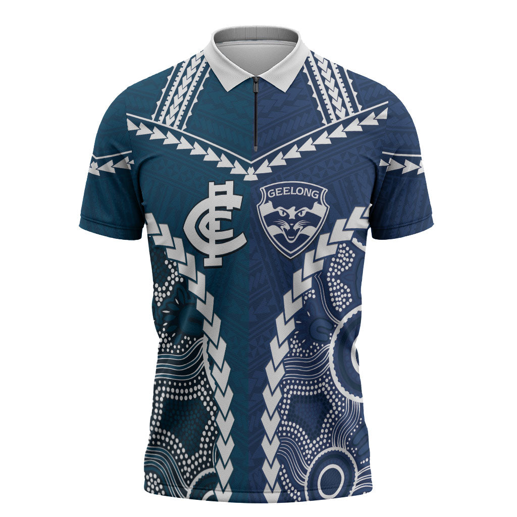 Custom Football Cats and Blues Zipper Polo Shirt 2026 Together Aboriginal Polynesian Pattern