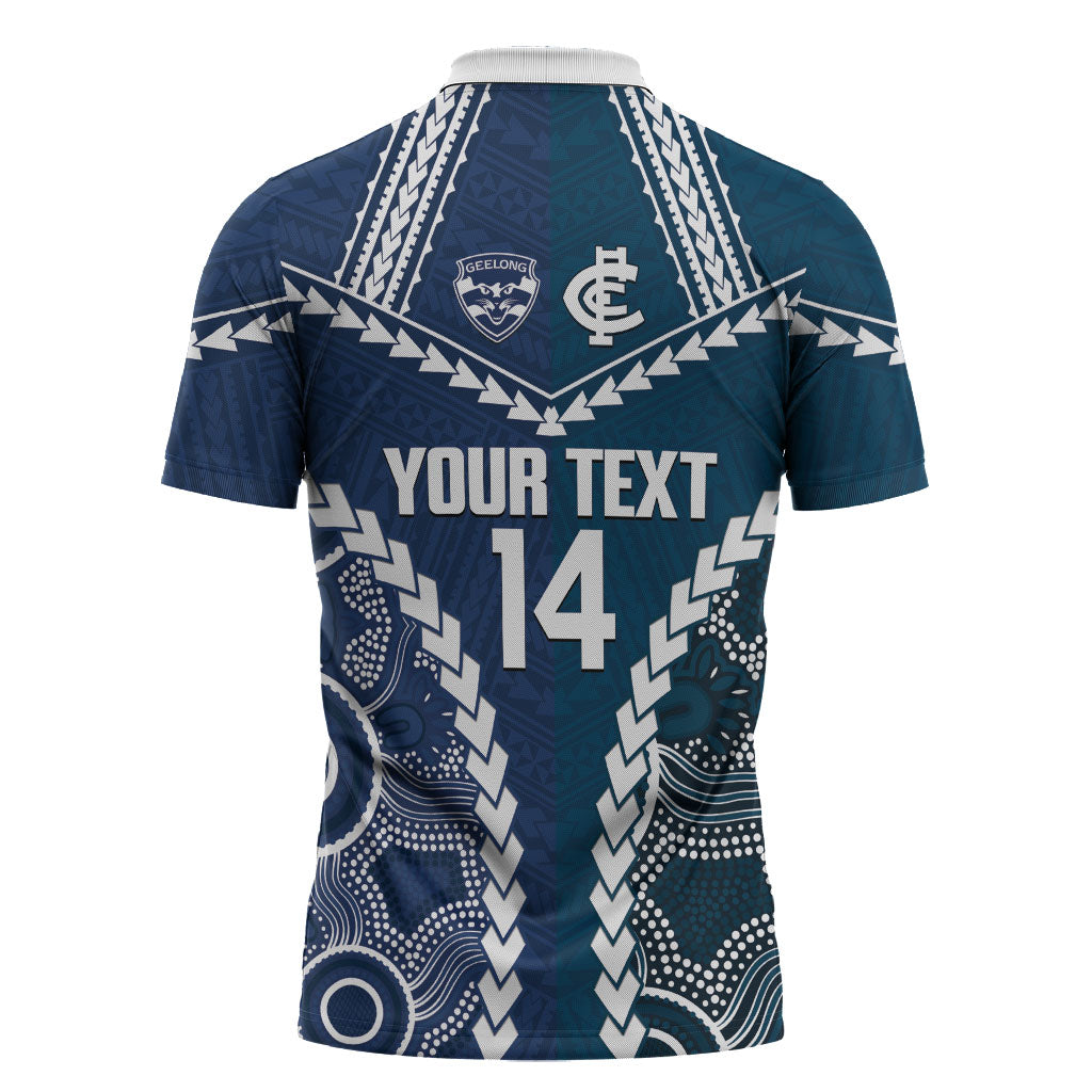 Custom Football Cats and Blues Zipper Polo Shirt 2026 Together Aboriginal Polynesian Pattern