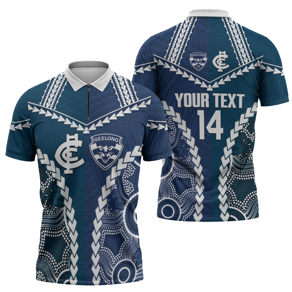 Custom Football Cats and Blues Zipper Polo Shirt 2026 Together Aboriginal Polynesian Pattern