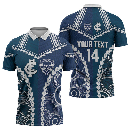 Custom Football Cats and Blues Zipper Polo Shirt 2026 Together Aboriginal Polynesian Pattern