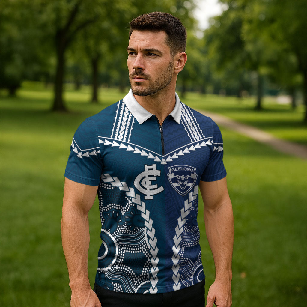 Custom Football Cats and Blues Zipper Polo Shirt 2026 Together Aboriginal Polynesian Pattern