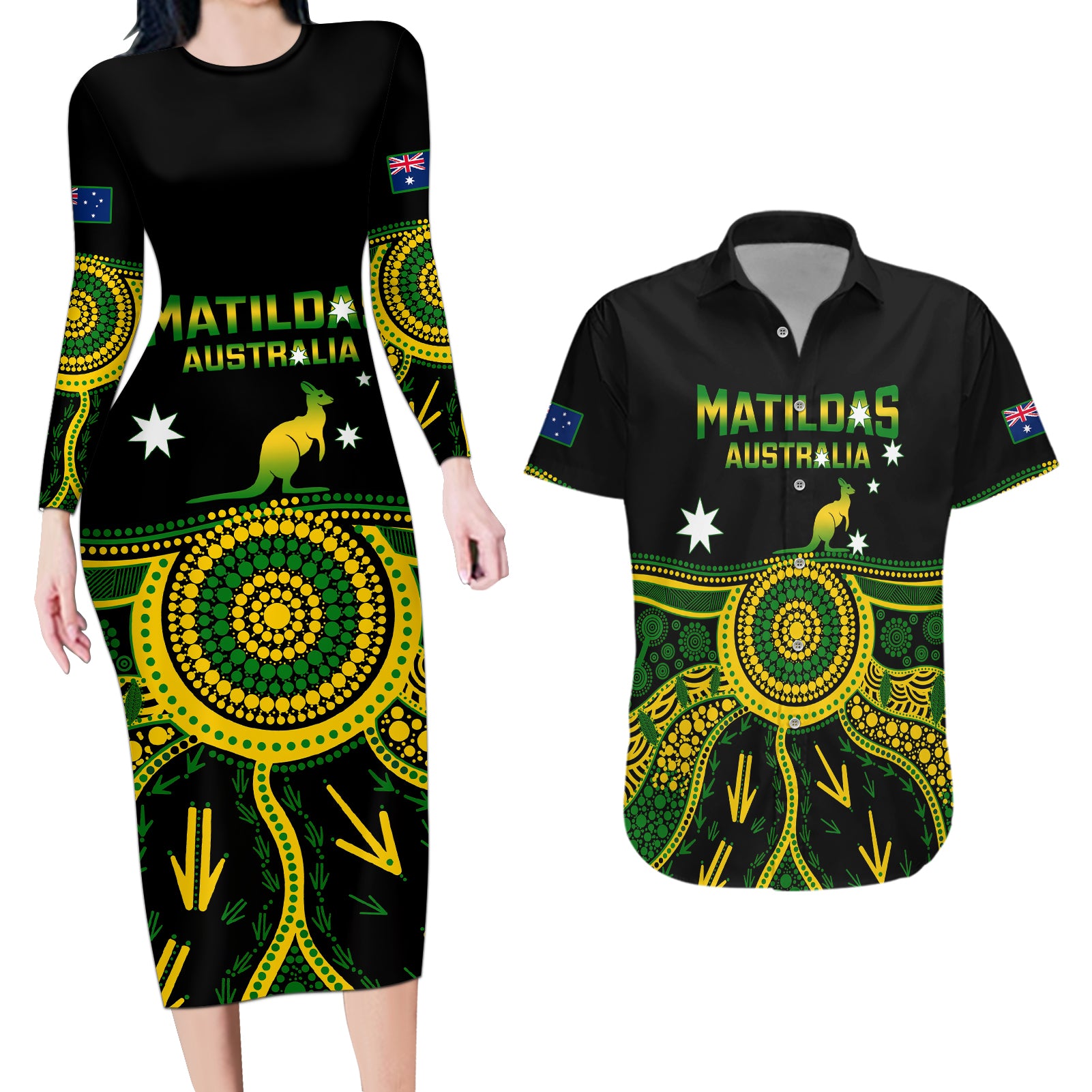 australia-soccer-couples-matching-long-sleeve-bodycon-dress-and-hawaiian-shirt-aboriginal-go-matildas-2023-world-cup