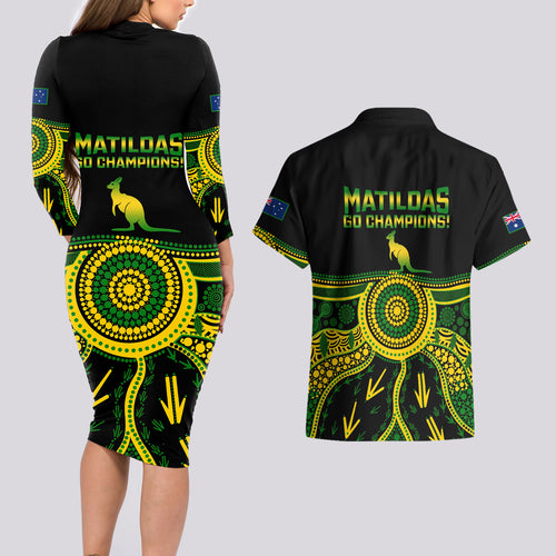 australia-soccer-couples-matching-long-sleeve-bodycon-dress-and-hawaiian-shirt-aboriginal-go-matildas-2023-world-cup