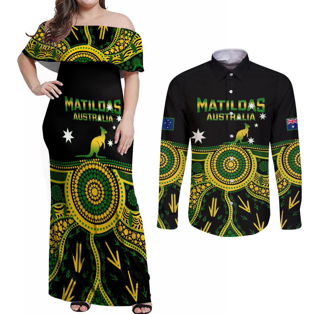 australia-soccer-couples-matching-off-shoulder-maxi-dress-and-long-sleeve-button-shirts-aboriginal-go-matildas-2023-world-cup