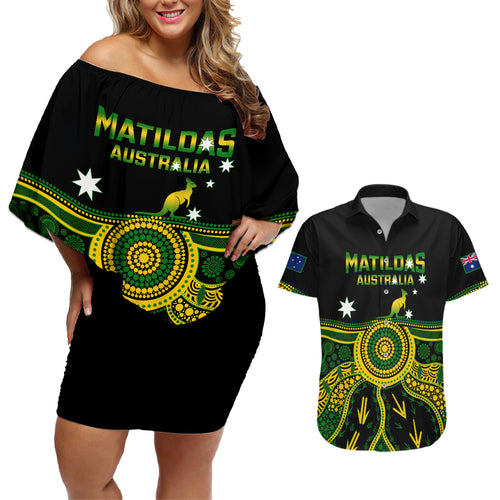 australia-soccer-couples-matching-off-shoulder-short-dress-and-hawaiian-shirt-aboriginal-go-matildas-2023-world-cup