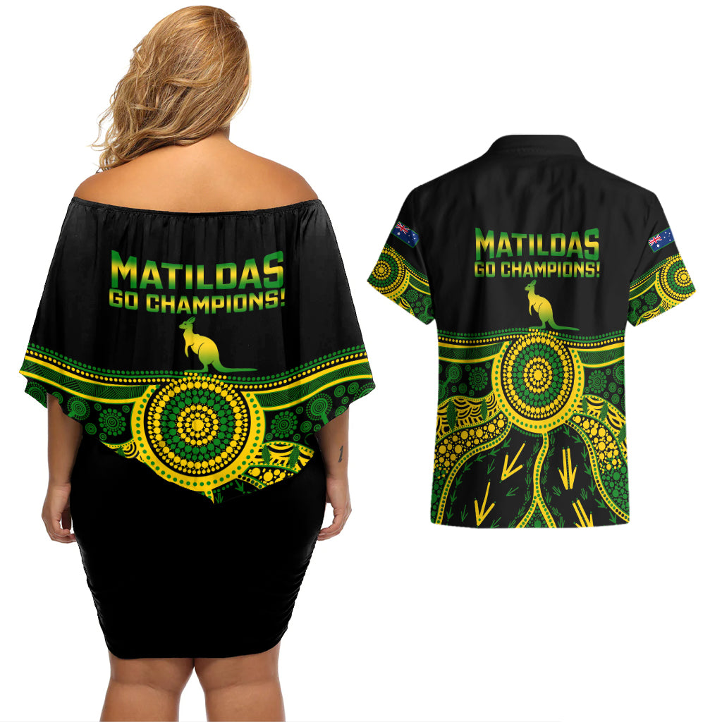 australia-soccer-couples-matching-off-shoulder-short-dress-and-hawaiian-shirt-aboriginal-go-matildas-2023-world-cup