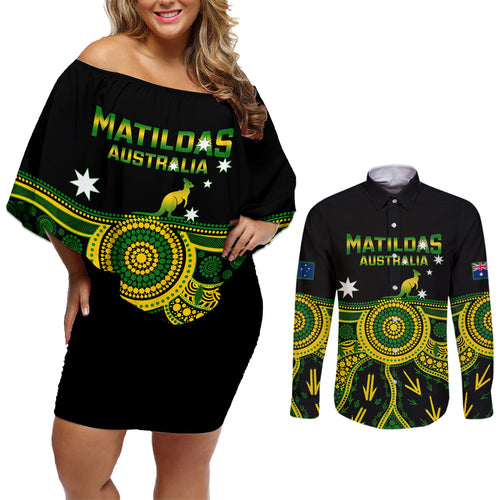 australia-soccer-couples-matching-off-shoulder-short-dress-and-long-sleeve-button-shirts-aboriginal-go-matildas-2023-world-cup