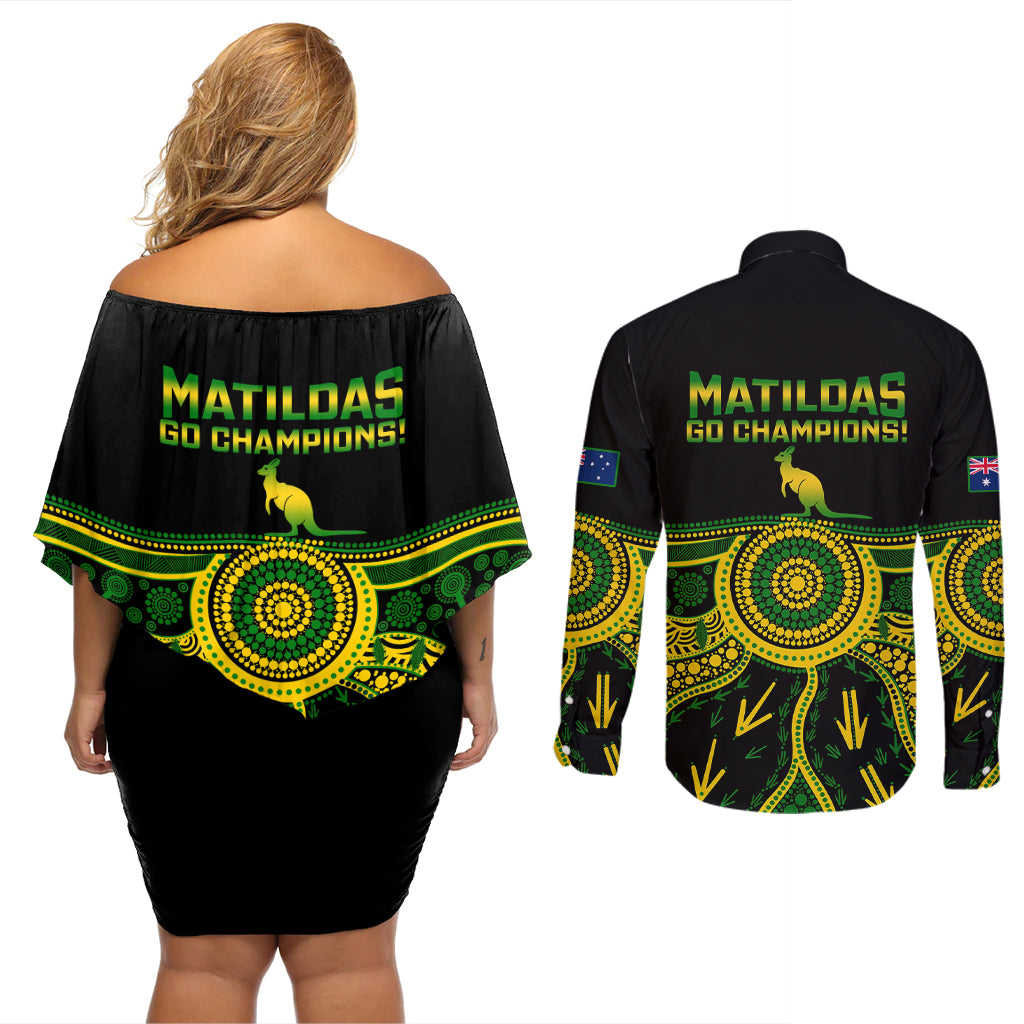 australia-soccer-couples-matching-off-shoulder-short-dress-and-long-sleeve-button-shirts-aboriginal-go-matildas-2023-world-cup