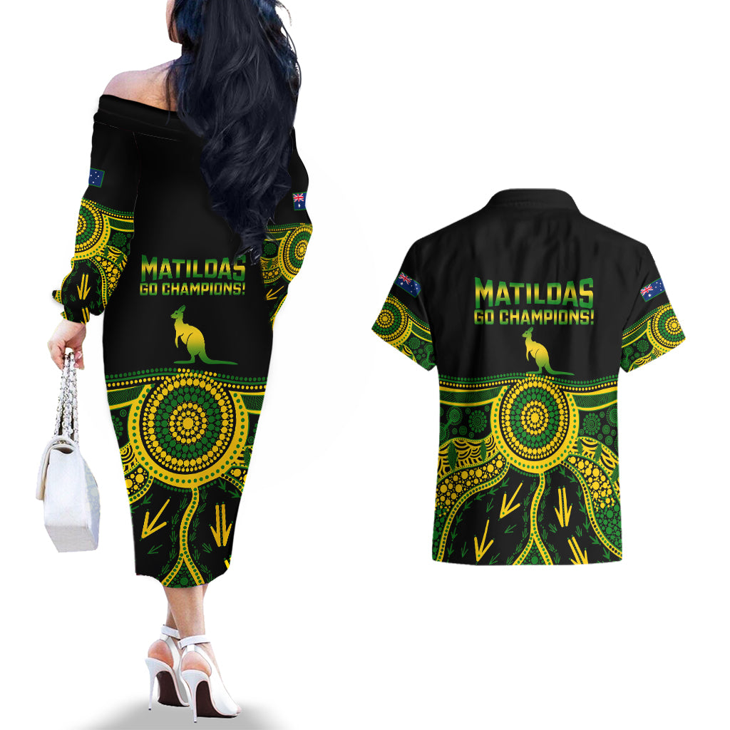 australia-soccer-couples-matching-off-the-shoulder-long-sleeve-dress-and-hawaiian-shirt-aboriginal-go-matildas-2023-world-cup