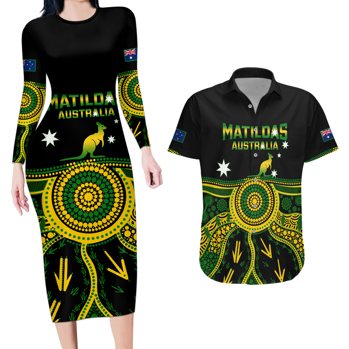 personalised-australia-soccer-couples-matching-long-sleeve-bodycon-dress-and-hawaiian-shirt-aboriginal-go-matildas-2023-world-cup