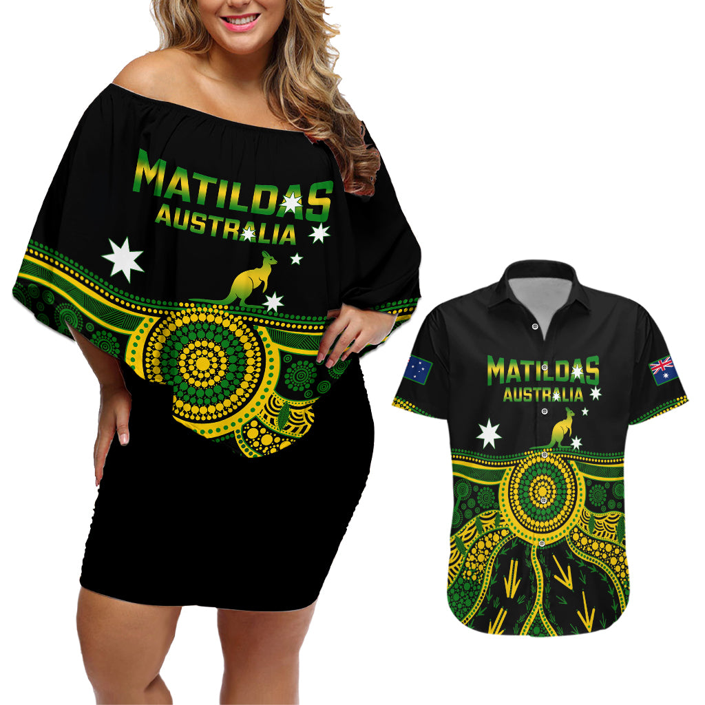 personalised-australia-soccer-couples-matching-off-shoulder-short-dress-and-hawaiian-shirt-aboriginal-go-matildas-2023-world-cup