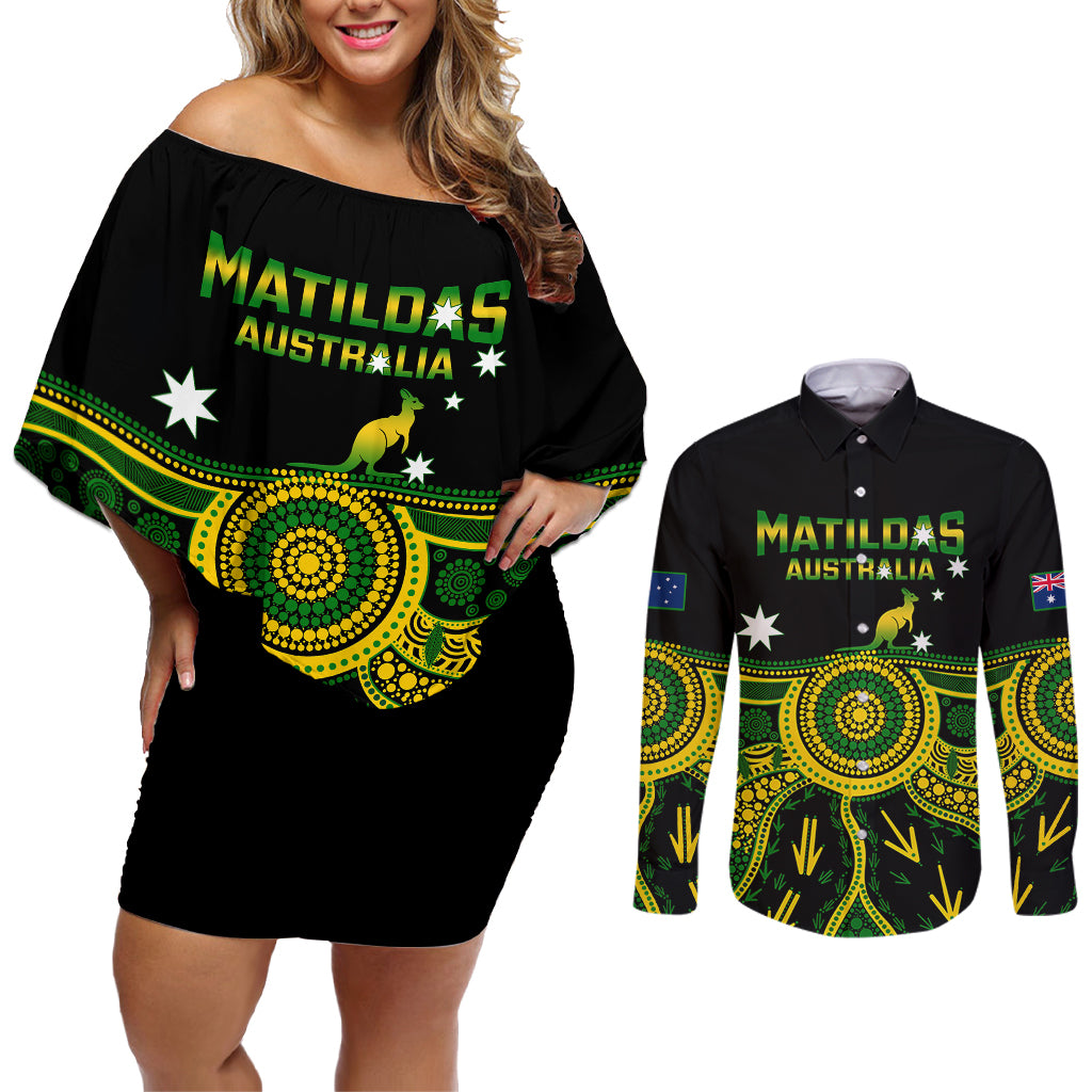 personalised-australia-soccer-couples-matching-off-shoulder-short-dress-and-long-sleeve-button-shirts-aboriginal-go-matildas-2023-world-cup