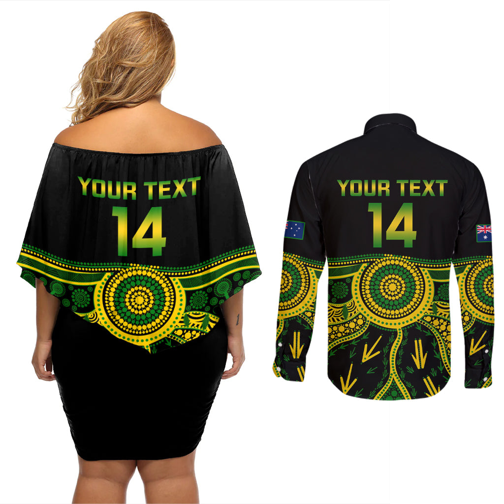 personalised-australia-soccer-couples-matching-off-shoulder-short-dress-and-long-sleeve-button-shirts-aboriginal-go-matildas-2023-world-cup
