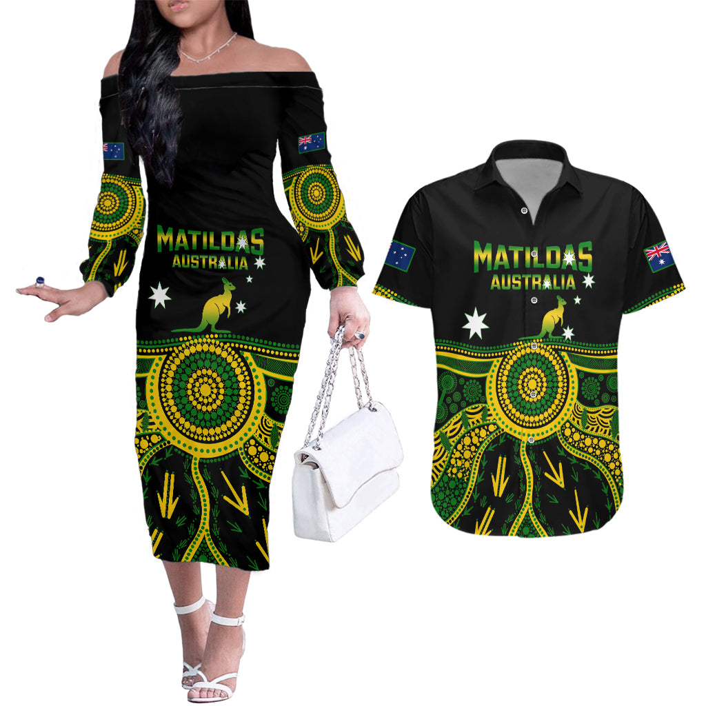 personalised-australia-soccer-couples-matching-off-the-shoulder-long-sleeve-dress-and-hawaiian-shirt-aboriginal-go-matildas-2023-world-cup