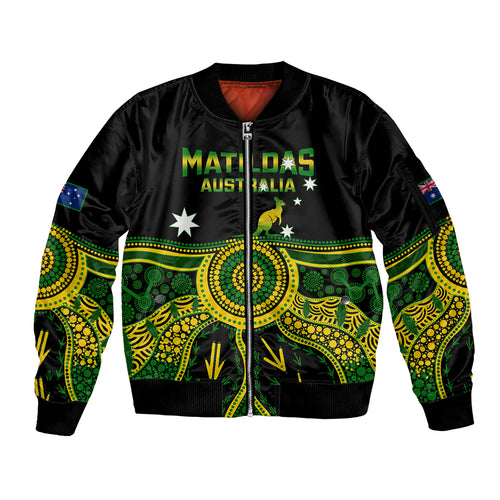 personalised-australia-soccer-sleeve-zip-bomber-jacket-aboriginal-go-matildas-2023-world-cup