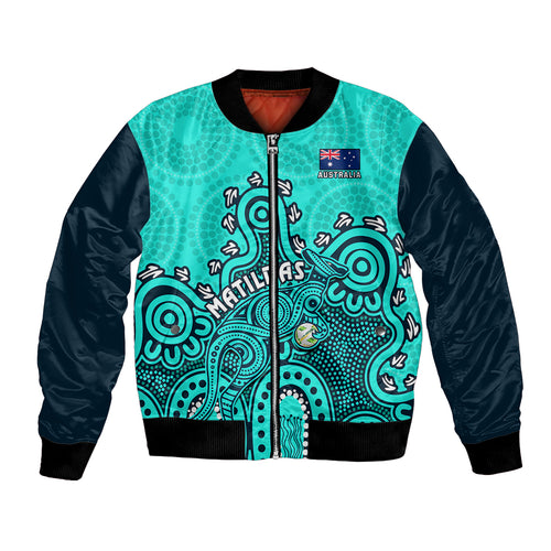 personalised-australia-soccer-bomber-jacket-aboriginal-turquoise-2023-world-cup-with-kangaroo