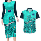 personalised-australia-soccer-couples-matching-long-sleeve-bodycon-dress-and-hawaiian-shirt-aboriginal-turquoise-2023-world-cup-with-kangaroo