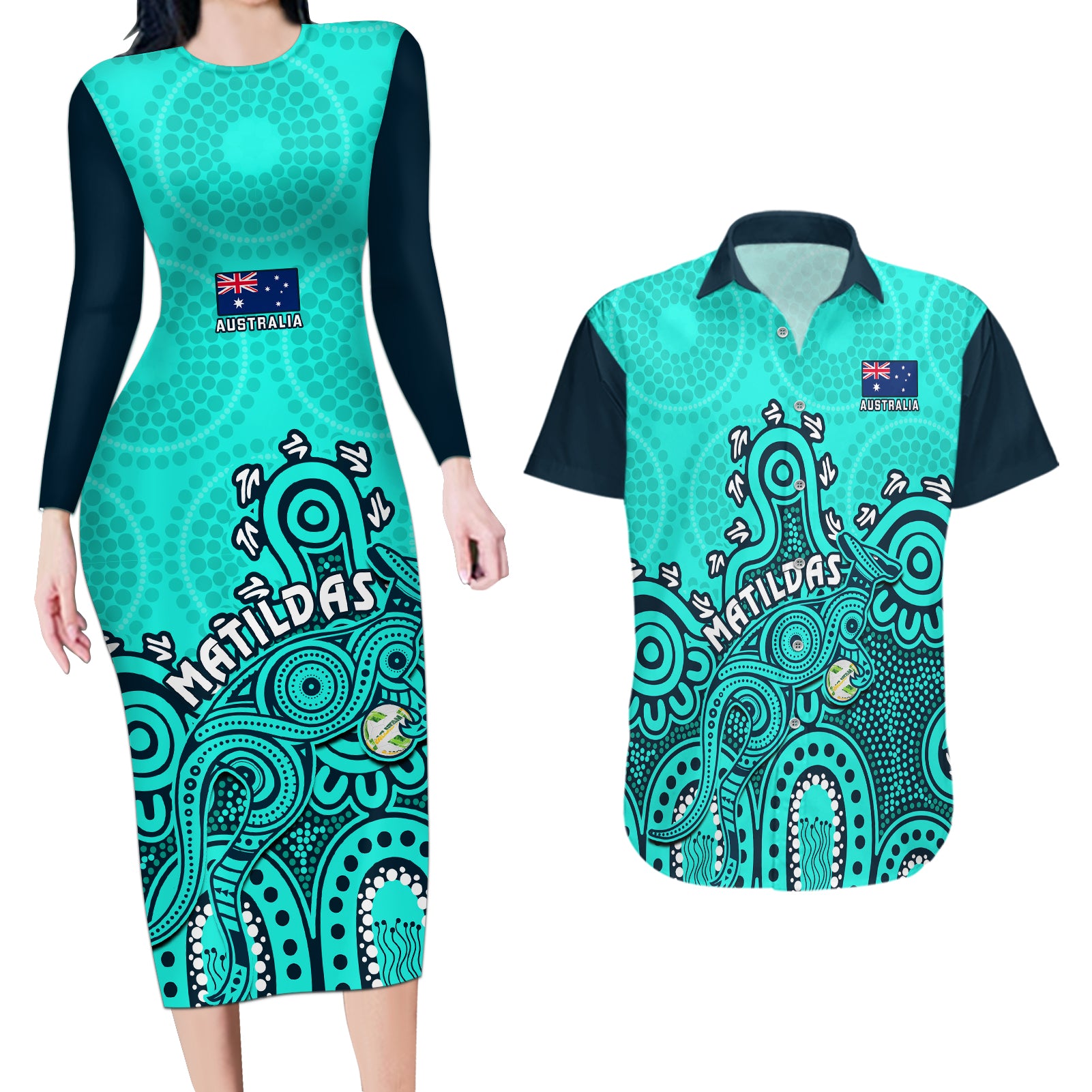 personalised-australia-soccer-couples-matching-long-sleeve-bodycon-dress-and-hawaiian-shirt-aboriginal-turquoise-2023-world-cup-with-kangaroo