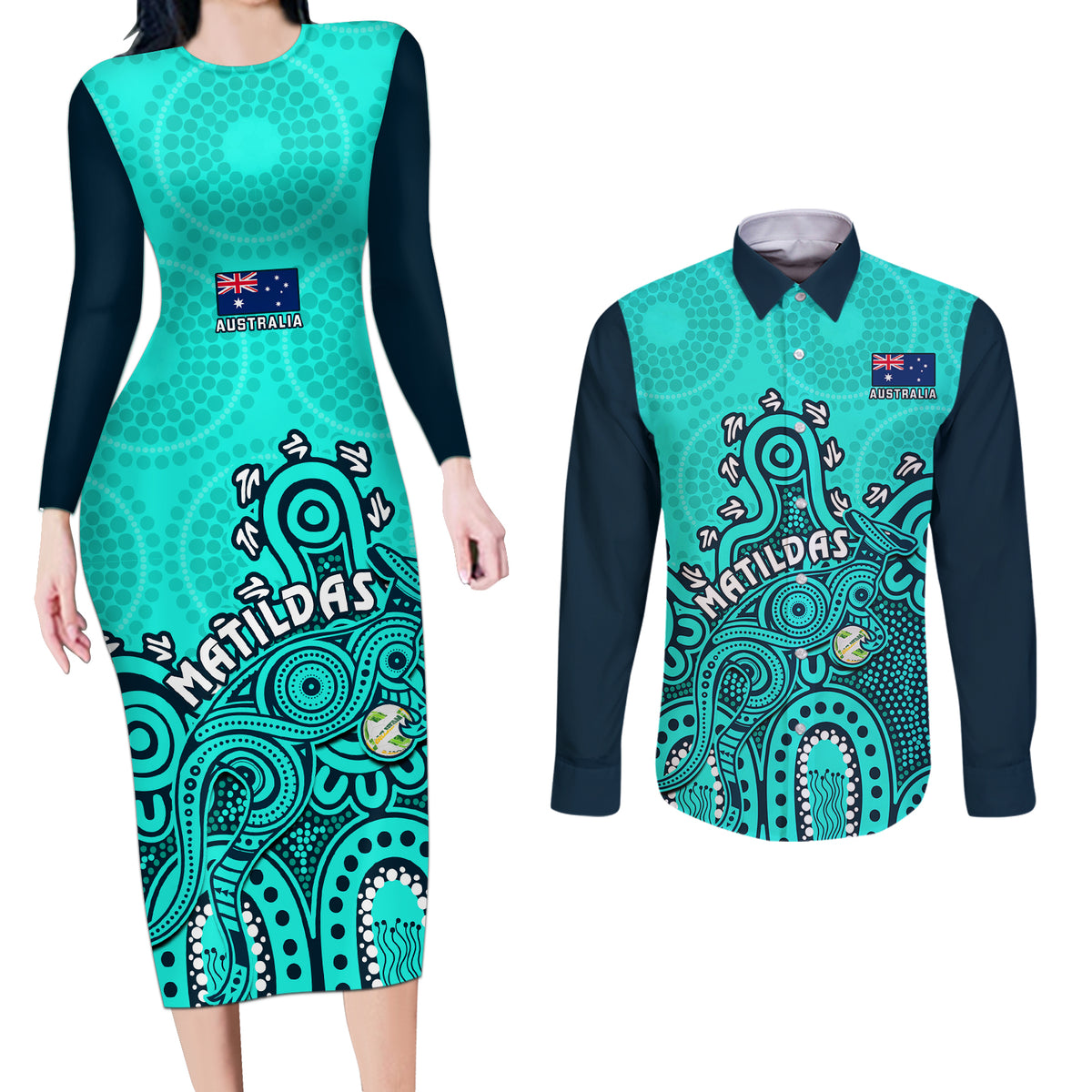 personalised-australia-soccer-couples-matching-long-sleeve-bodycon-dress-and-long-sleeve-button-shirts-aboriginal-turquoise-2023-world-cup-with-kangaroo