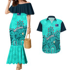 personalised-australia-soccer-couples-matching-mermaid-dress-and-hawaiian-shirt-aboriginal-turquoise-2023-world-cup-with-kangaroo