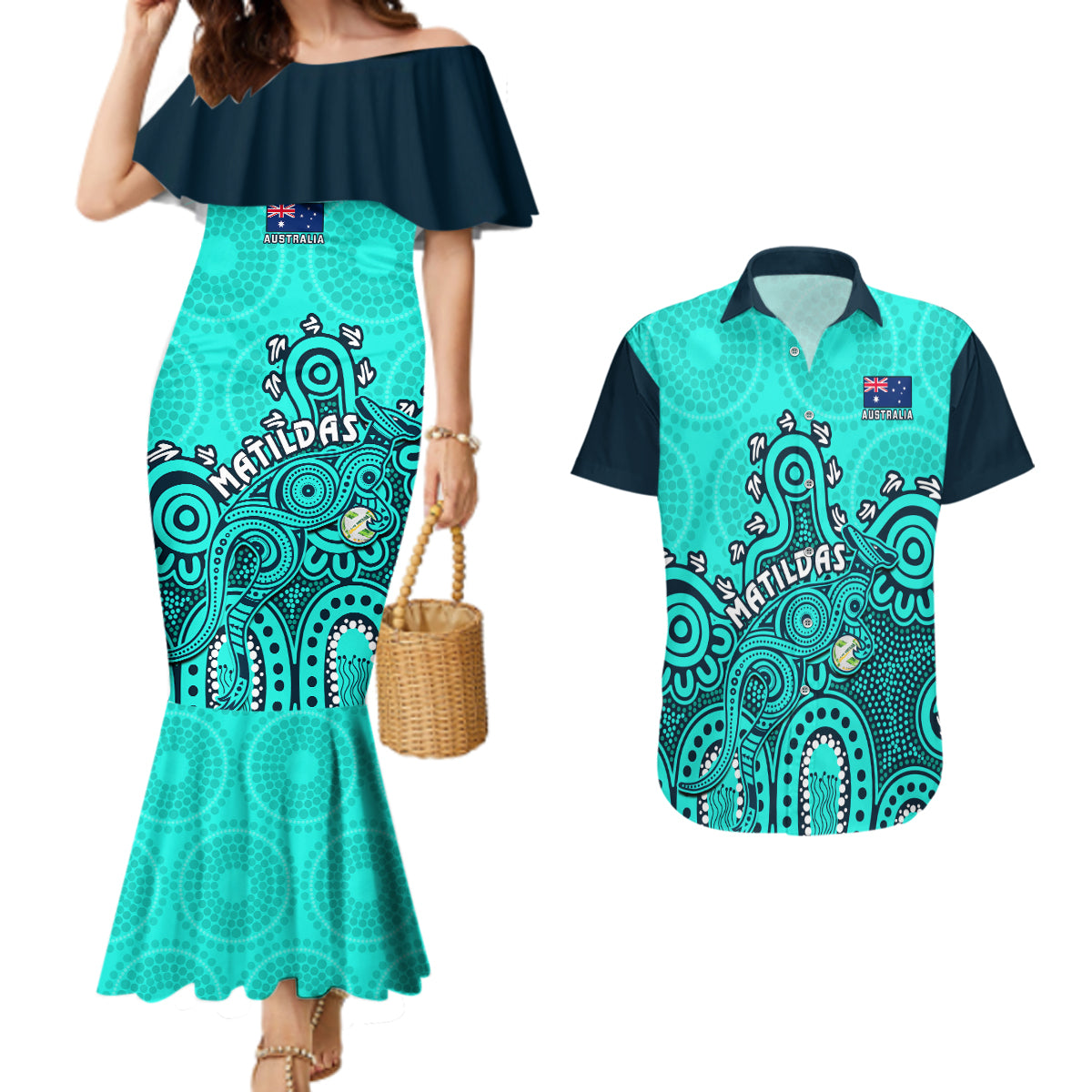 personalised-australia-soccer-couples-matching-mermaid-dress-and-hawaiian-shirt-aboriginal-turquoise-2023-world-cup-with-kangaroo