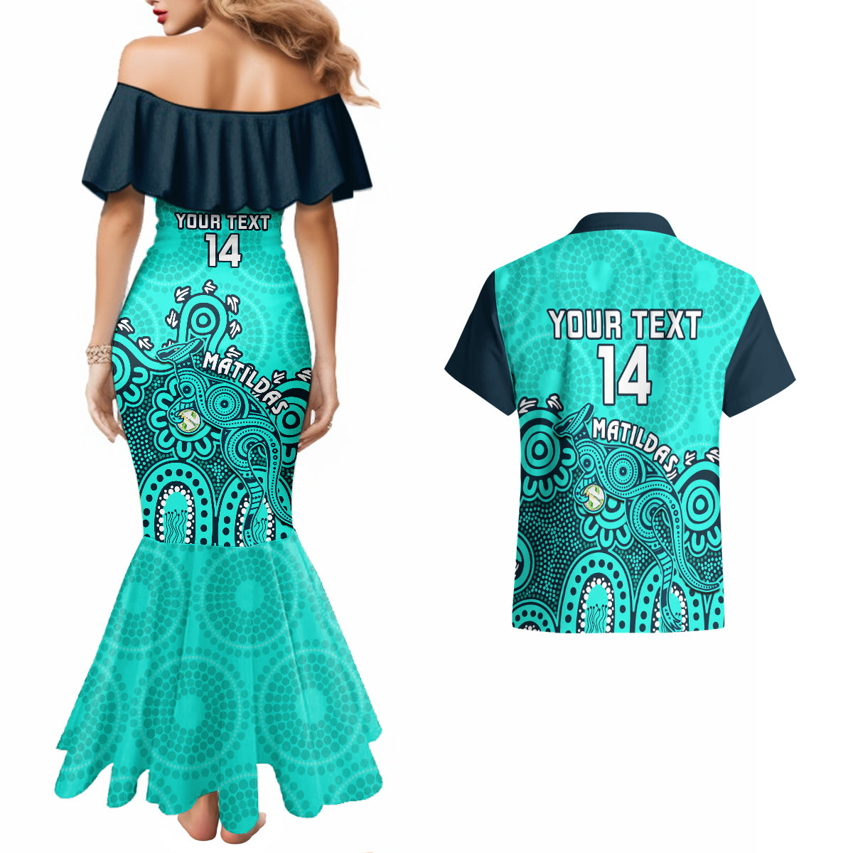 personalised-australia-soccer-couples-matching-mermaid-dress-and-hawaiian-shirt-aboriginal-turquoise-2023-world-cup-with-kangaroo