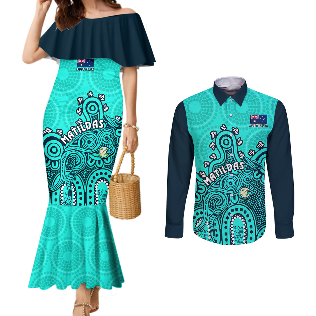personalised-australia-soccer-couples-matching-mermaid-dress-and-long-sleeve-button-shirts-aboriginal-turquoise-2023-world-cup-with-kangaroo