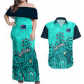 personalised-australia-soccer-couples-matching-off-shoulder-maxi-dress-and-hawaiian-shirt-aboriginal-turquoise-2023-world-cup-with-kangaroo