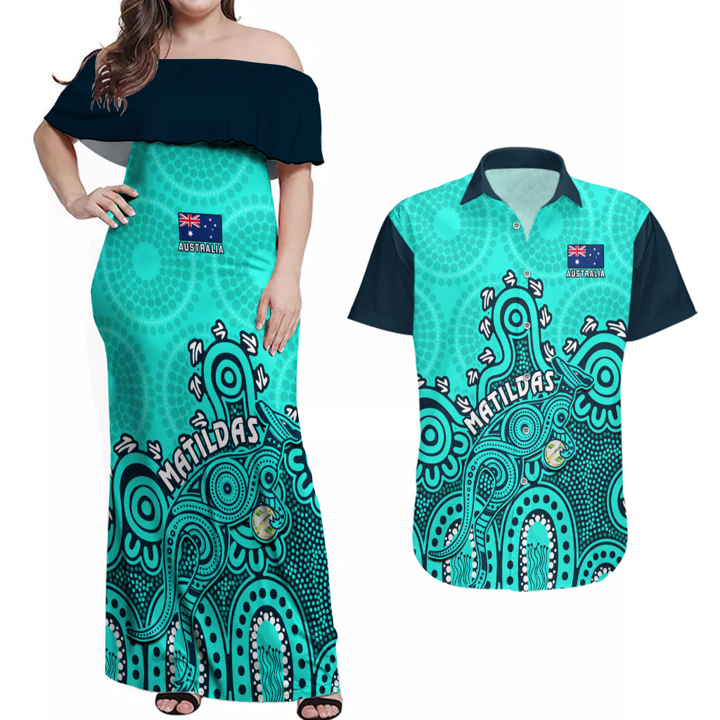 personalised-australia-soccer-couples-matching-off-shoulder-maxi-dress-and-hawaiian-shirt-aboriginal-turquoise-2023-world-cup-with-kangaroo