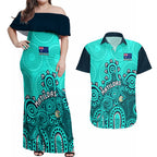 personalised-australia-soccer-couples-matching-off-shoulder-maxi-dress-and-hawaiian-shirt-aboriginal-turquoise-2023-world-cup-with-kangaroo