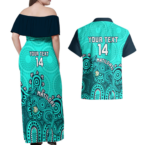 personalised-australia-soccer-couples-matching-off-shoulder-maxi-dress-and-hawaiian-shirt-aboriginal-turquoise-2023-world-cup-with-kangaroo