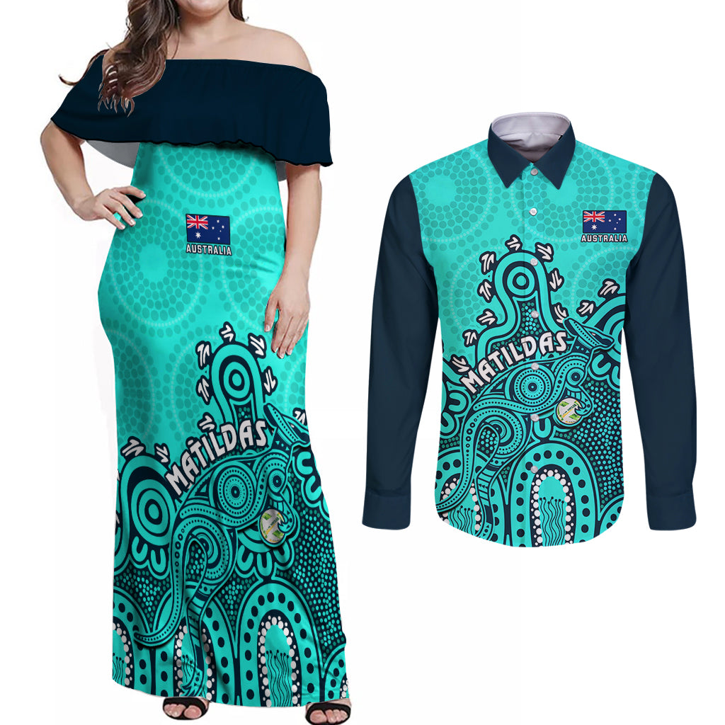 personalised-australia-soccer-couples-matching-off-shoulder-maxi-dress-and-long-sleeve-button-shirts-aboriginal-turquoise-2023-world-cup-with-kangaroo